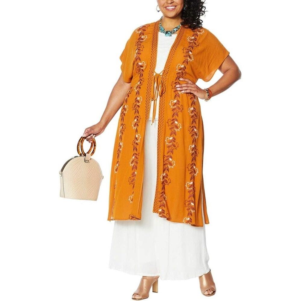 Curations Tie Front Cardigan Plus Size 3X Rust Orange Embroidered Cottagecore